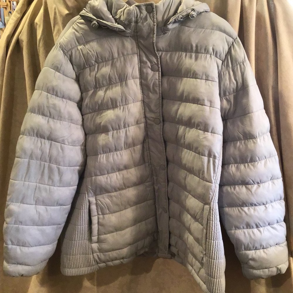 TIME &TRU Women's Lt. Gray Hooded Winter Puff Jacket Zipper/Snap SZ 1X (16W-18W)